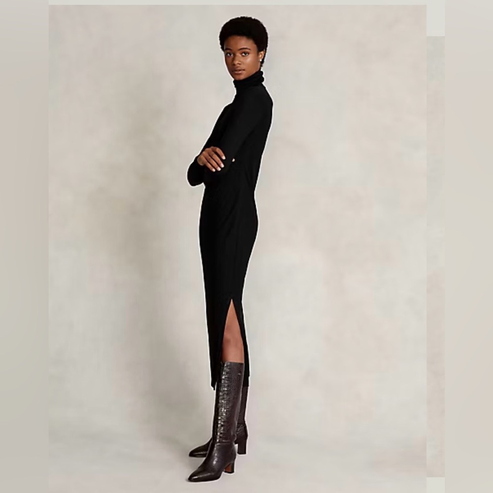 Polo Ralph Lauren Turtleneck Midi Dress Wool Bodycon Slit NWT Black Long Jersey